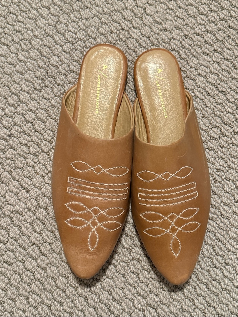 Anthropologie Tan Leather Embroidered Mule Slides